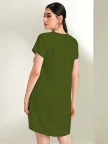 SHEIN LUNE Vestido Recto Con Cuello En V Y Muescas Para Mujer - Verde militar - Ver 2