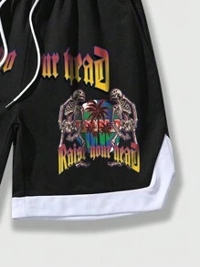 ROMWE MEN Street Life Nam Sọ Và In Dừa Áo thun Với dây rút Eo Quần short Hai chiếc Bộ - màu đen - Xem 7