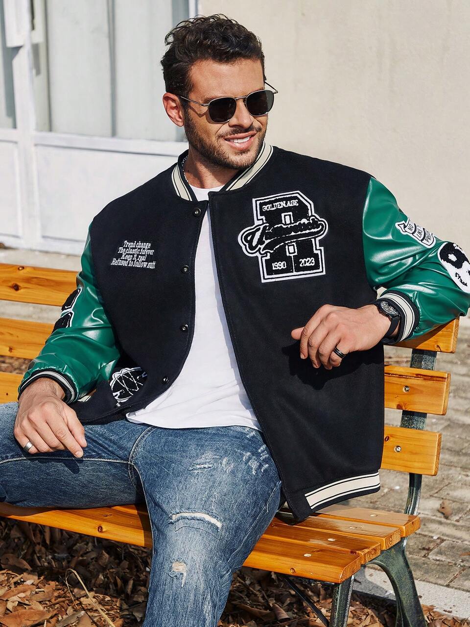 Men's Plus Size Color Block Baseball Jacket With Pu Leather Sleeves