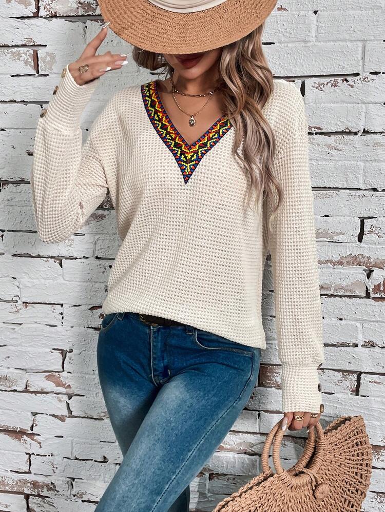 Web Panel Button Detail T-Shirt Fall Cloth For Women