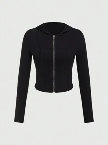 ROMWE Grunge Punk Áo thun nữ dài tay có dây kéo có mũ trùm đầu màu đen - màu đen - Xem 1