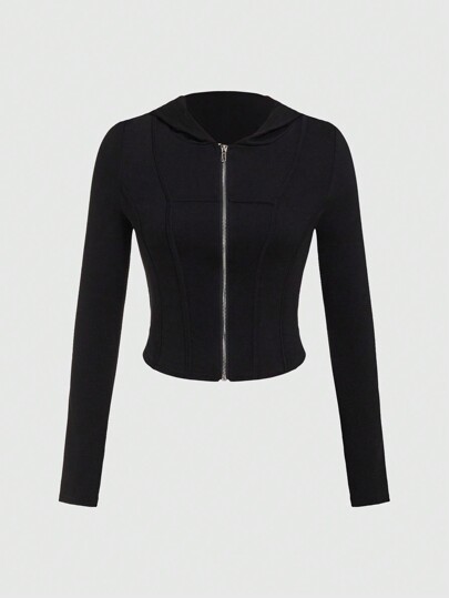 Grunge Punk Black Hooded Zipper Plain Slim Fit Long Sleeve Women T-Shirt