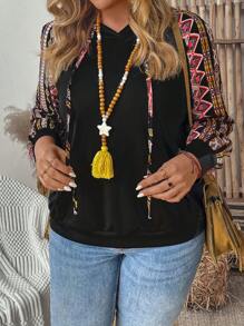 EMERY ROSE 大尺碼幾何印花連帽休閒運動衫 - 黑色 - 查看 3