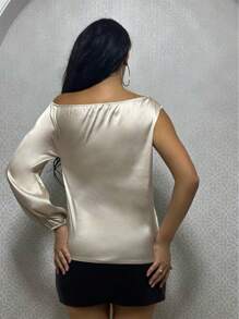Zolique Asymmetric Neckline Single Sleeve Satin Blouse Fall Cloth For Women - White - View 2