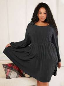 SHEIN CURVE+ 聖誕大碼素色燈籠袖洋裝 - 深灰色 - 查看 1