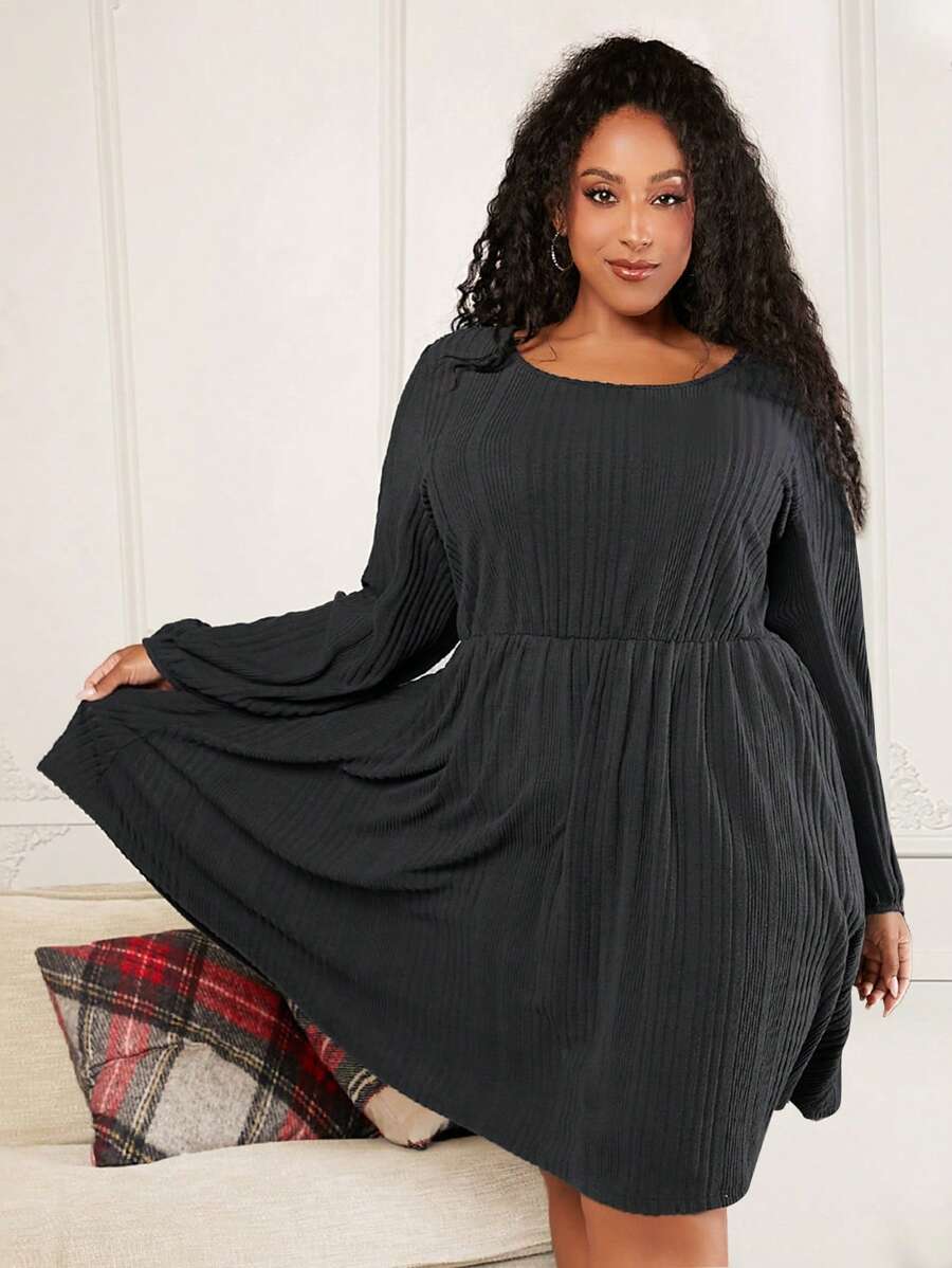 SHEIN CURVE+ 聖誕大碼素色燈籠袖洋裝 - 深灰色 - 查看 1