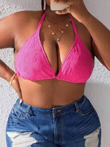 SHEIN Swim Curve 加大尺碼椰樹和浮雕三角杯比基尼上衣 - 玫紅色 - 查看 5