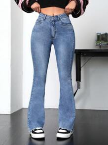 SHEIN PETITE Flare Jeans With Fringe Hem - Medium Wash - View 6