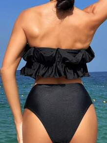 SHEIN Swim Ensemble de bikini bandeau plissé à volants de couleur unie pour femmes