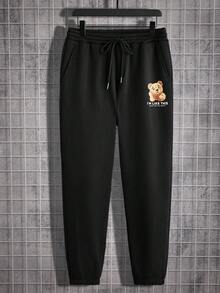 GENTILAND 男士熊和字母印花束口連帽卫衣和裤子套装 - 黑色 - 查看 7