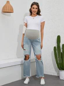 SHEIN Maternity Distressed Straight-Leg Jeans - Light Wash - View 3