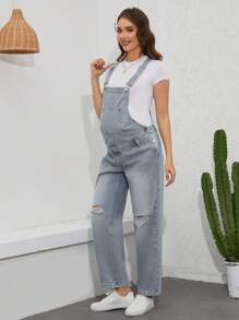 SHEIN Maternity Distressed Denim Overalls - Light Wash - View 3