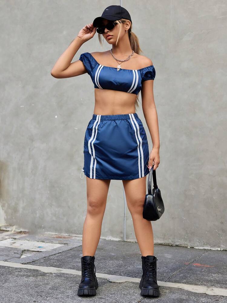 Gathered Trim Puff Sleeve Women'S Two-Piece Skirt Set