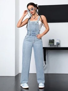 SHEIN PETITE 女淺藍色水洗牛仔背帶褲 - 淺色水洗藍 - 查看 1