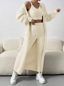 Chiquease 3 件純色毛茸茸溫暖休閒毛衣套裝 - 米色 - 查看 6