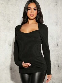 SHEIN Maternity Solid Long Sleeve T-Shirt - Black - View 4