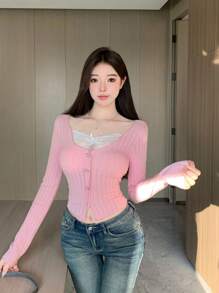 DAZY Của phụ nữ Tay áo dài Ren Nối Áo thun - Hồng - Xem 6