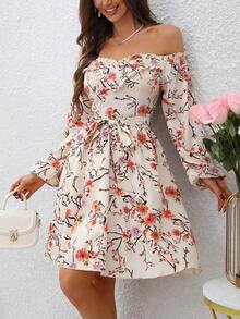 SHEIN LUNE Của phụ nữ Off-shoulder Hoa In Váy có thắt lưng - Nhiều màu - Xem 3