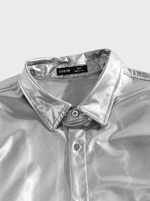 GENTILAND 男士纯色金属质感单排扣宽松休闲长袖衬衫 - 銀色 - 查看 3
