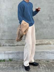 DAZY 男士純色圓領毛衣 - 藍色 - 查看 4