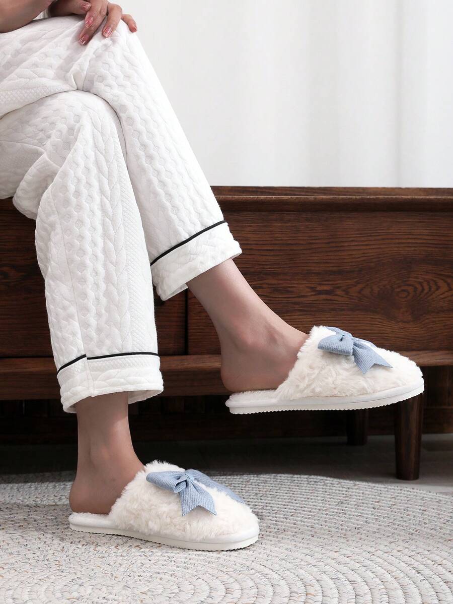 Bow Knot Slippers For Women, Plush Fur Indoor Soft Sole Floor Slides