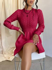 SHEIN Cottnline Cable Knit Long Sleeve Sweater Dress - Hot Pink - View 4