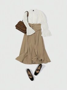 FRIFUL Của phụ nữ Cao eo Chi tiết Nút Váy - Màu Khaki - Xem 9