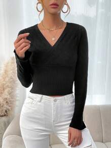 SHEIN LUNE Wrap V Neck Long Sleeve Cropped Knit Pullover Fall Winter Sweater - Black - View 3
