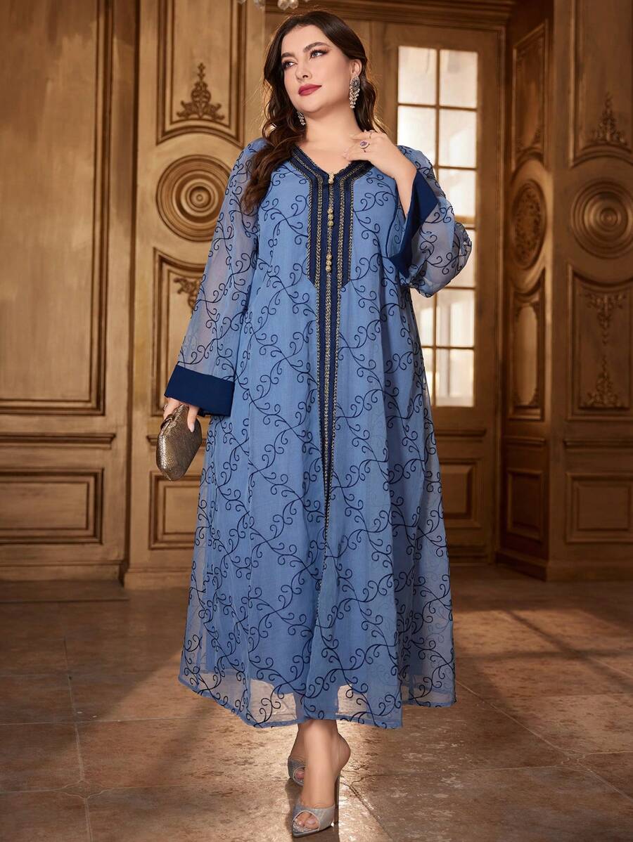 Al Najma Plus Size Contrast Tape Bell Sleeve Dress Kaftan Jalabiya Dress - Dusty Blue - View 1