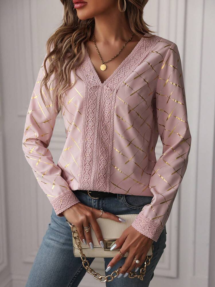 Women'S Diamond Plaid Lace Patchwork Shirt