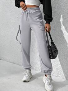 SHEIN Unity Women'S Drawstring Waist Cargo Style Casual Cargo Pants With Pockets - Grey - View 5