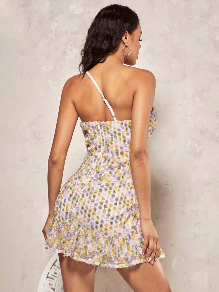Women One Shoulder Multicolor 3d Flower Ruffle Hem Dress For Romantic Valentine's Day Date