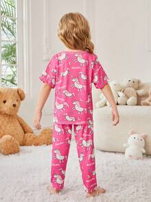 Conjunto De Pijama De Homewear Para Niñas Con Estampado De Unicornio - Rosa Fucsia - Ver 2