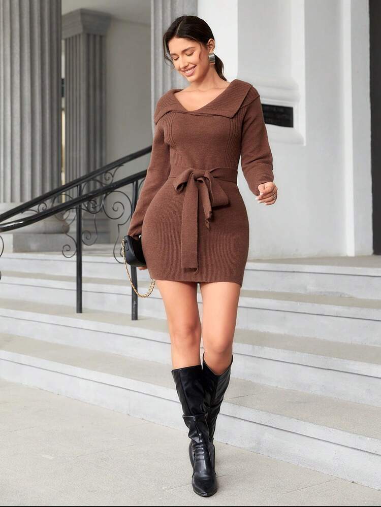 Collared Belted Sweater Dress Fall Cloth For Women