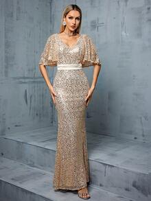 Váy dạ hội trang trọng cổ chữ V tay loe thắt lưng satin đính sequin viền đuôi cá cho nữ - Màu be - Xem 3