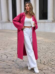 EURMUSE Women'S Solid Color Drop Shoulder Woolen Coat With Waist Tie - Watermelon Pink - View 5