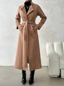 EURMUSE Solid Belted Button Front Overcoat - Beige - View 5