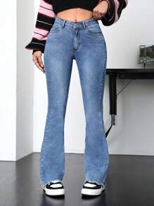 SHEIN PETITE Flare Jeans With Fringe Hem - Medium Wash - View 3