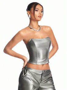 SHEIN BAE 女款純色金屬魚骨胸衣束腰上衣 - 銀色 - 查看 6