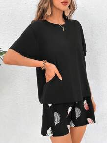 SHEIN VCAY Feather Pattern Vacation Casual Two-Piece Set