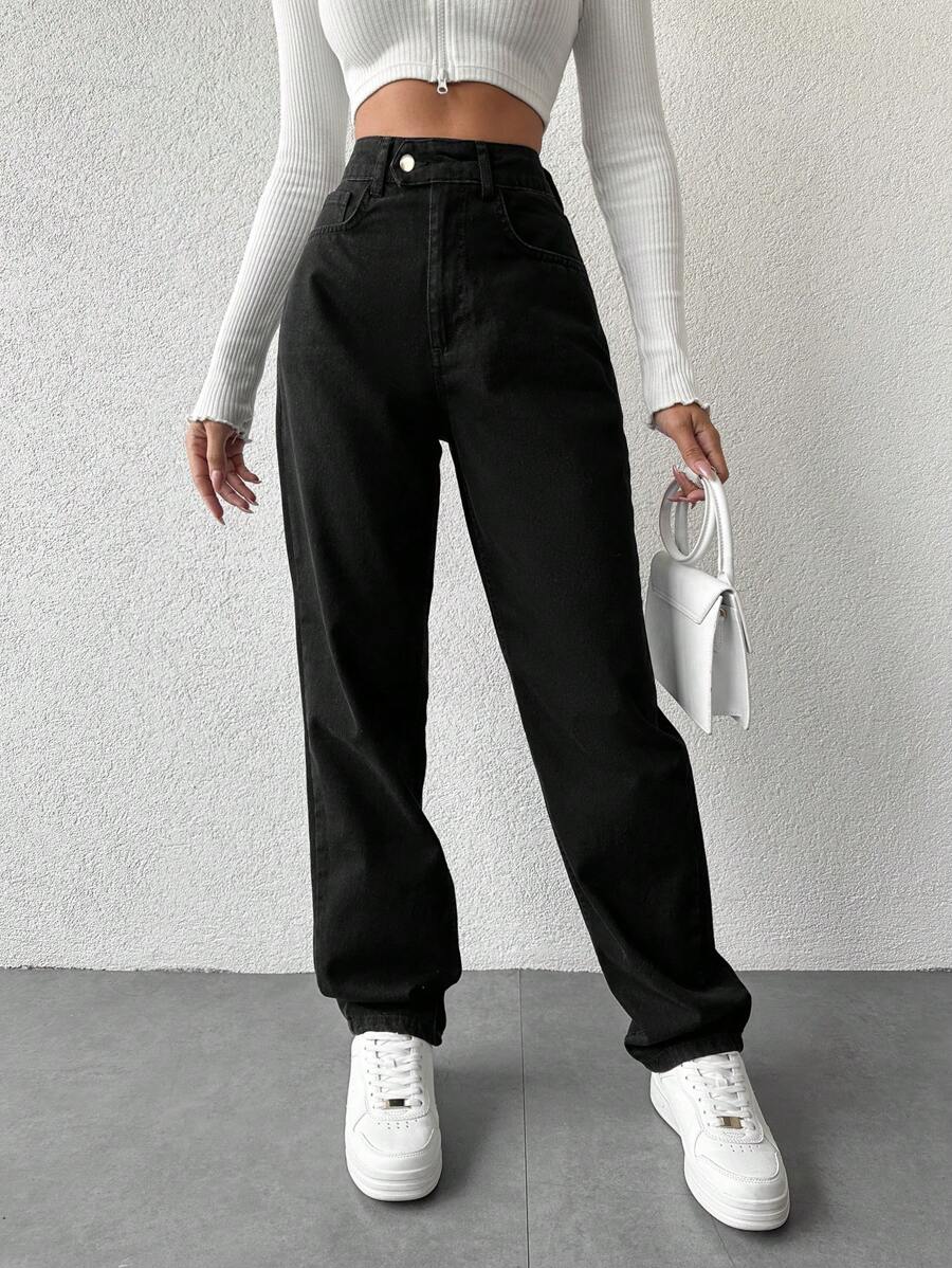 EURMUSE Petite Solid Color Straight Leg Jeans With Zipper Fly ,Petite Women - Black - View 1