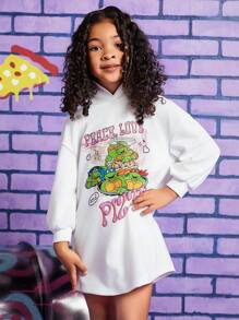 TEENAGE MUTANT NINJA TURTLES | SHEIN 少女卡通圖案下擺寬鬆帽裝連身裙春秋款 - 白色 - 查看 1