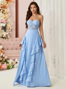 SHEIN Belle , Bustier-Phong Cách , Gợi cảm Nhìn xuyên qua , Arc Khe Đầm dạ hội - Màu xanh lam - Xem 6