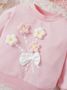 Em bé Cô gái Tay áo dài Áo nỉ Với 3D Hoa & Nơ Đồ trang trí - Bụi hồng - Xem 3