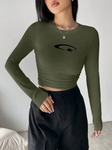 SHEIN Unity 長袖短版 T 卹 - 軍綠色 - 查看 1