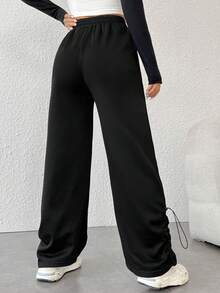 SHEIN PETITE Drawstring Waist And Side Design Long Pants - Black - View 2