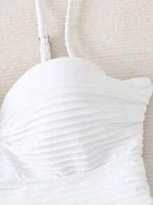 SHEIN Swim 夏季海灘不對稱紋路荷葉邊背心上衣和打結側面泳裝底部套裝