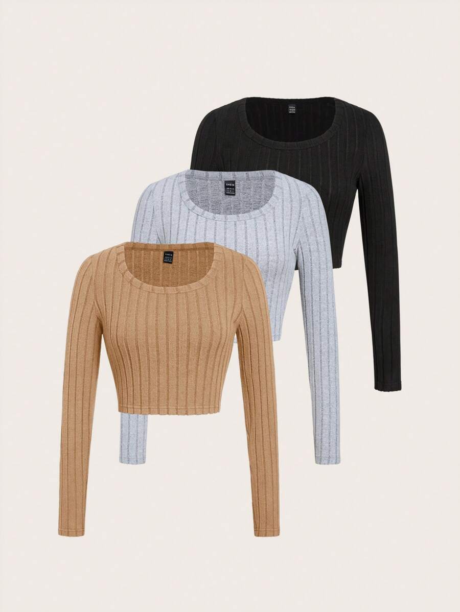 SHEIN Essnce Của phụ nữ màu trơn Áo phông Kim sa tương phản - Lạc đà - Xem 1