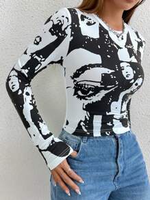 SHEIN Unity Women's Portrait Printed Long Sleeve T-Shirt Fall Cloth For Women - White - View 1