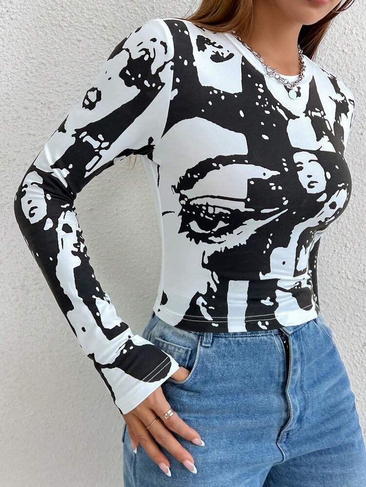 Women's Portrait Printed Long Sleeve T-Shirt Fall Cloth For Women